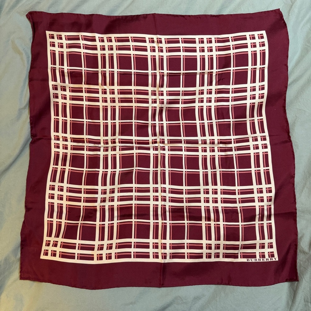 Burberry London Deep Red and Tan 22” Square Silk Scarf with Flaws PLEASE READ